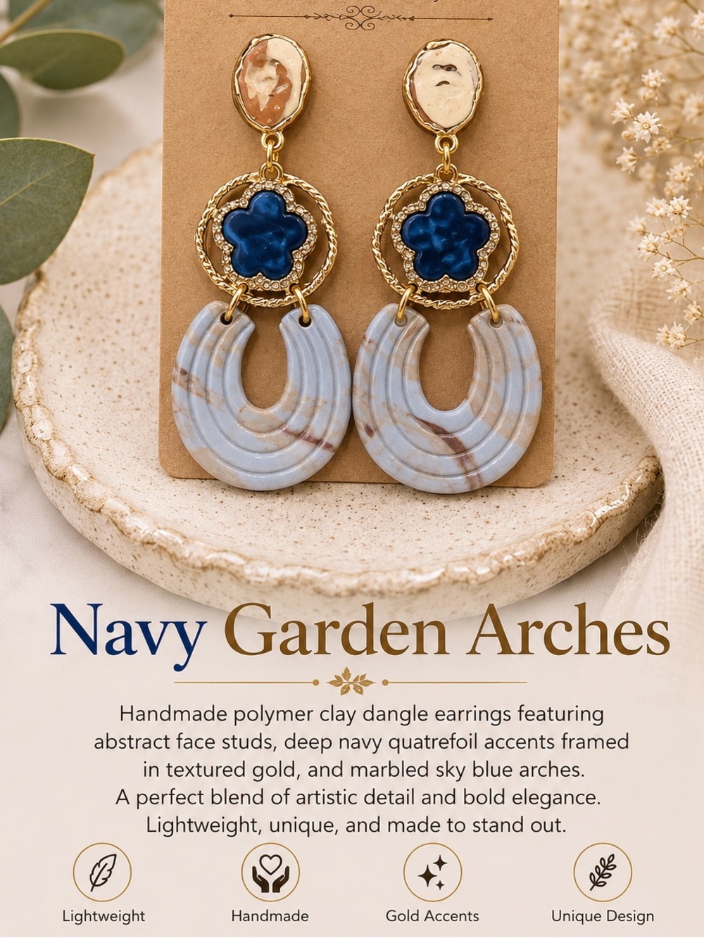 Treasure Trove Navy Garden Arches Earrings - Gold & Sky Blue